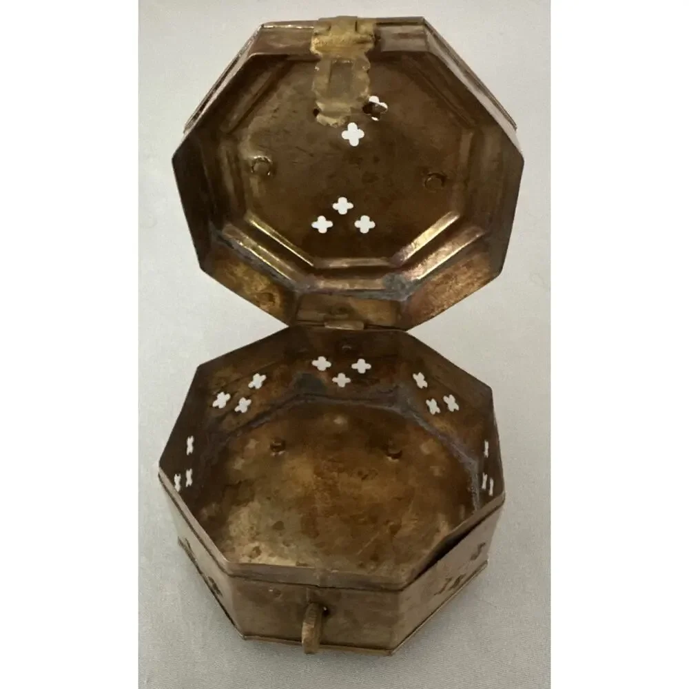 Vintage '70s Brass Trinket Incense Octagon Box~Hinged Lid & Latch Made in India